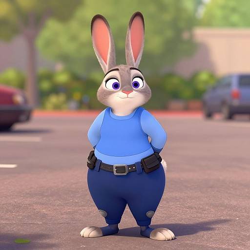 CGI image of a cute, anthropomorphic gray bunny in a blue police uniform standing confidently on a sunny street with blurred cars and greenery in the