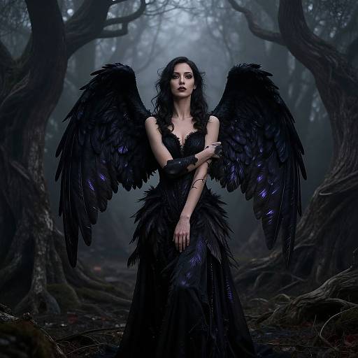 Photograph-style digital art: Gothic angel woman with large black feathered wings, dark dress, and pale skin stands in a foggy, twisted forest