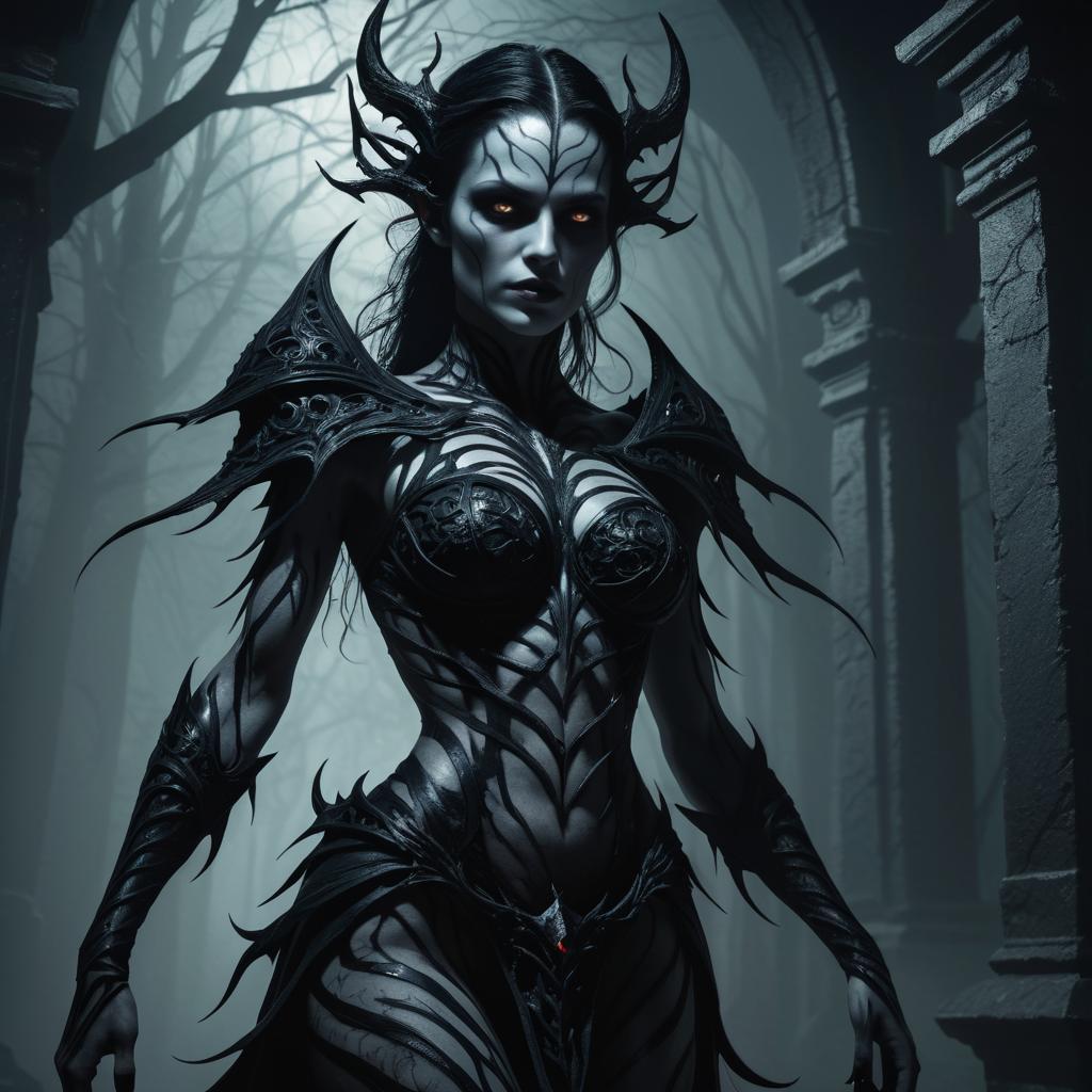 Grotesque Female Revenant in Shadows