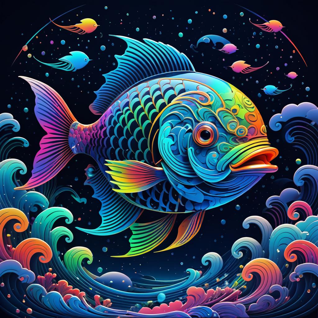 Whimsical Fish with Rainbow Clouds Art