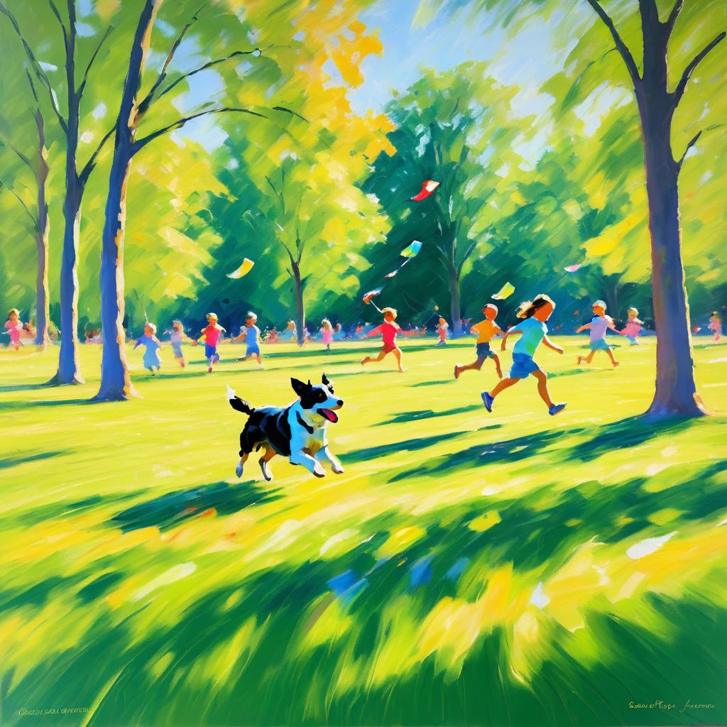 Joyful Impressionist Scene of Fetching Dog