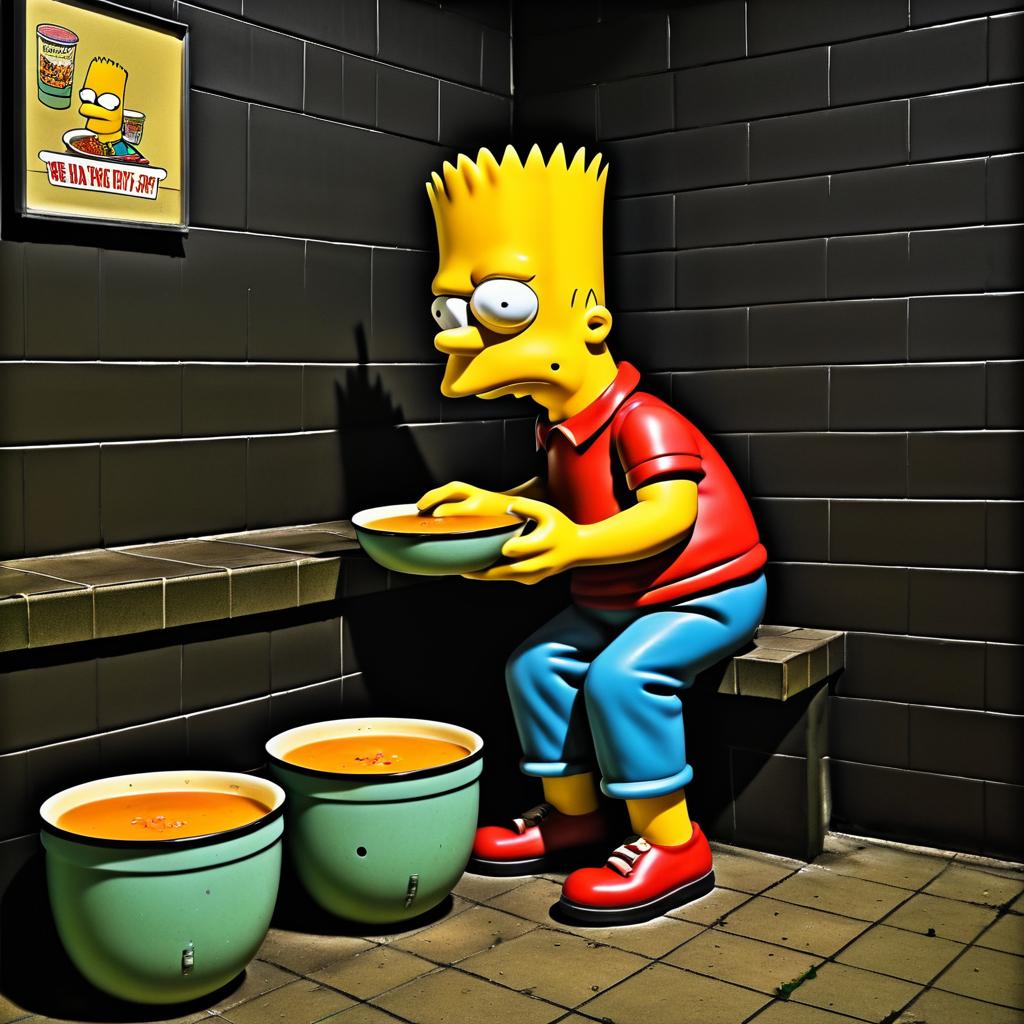 Demented Bart Simpson Queuing for Soup