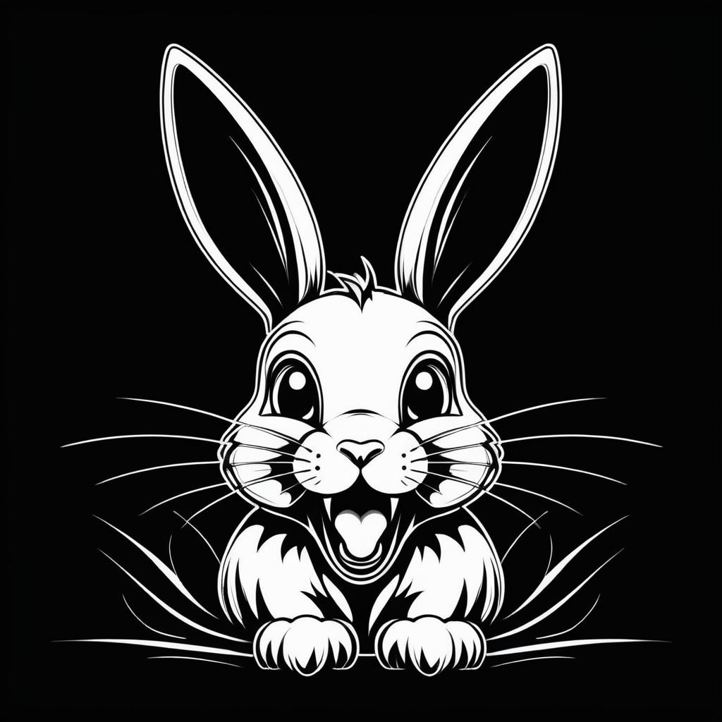 Startled Rabbit in Black and White Line Art