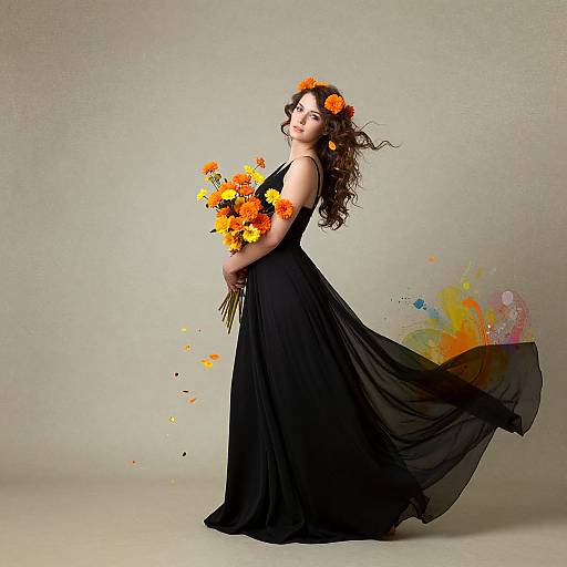 Photograph of a curly-haired woman in a flowing black dress, holding an orange-yellow flower bouquet, with a colorful paint splatter background.
