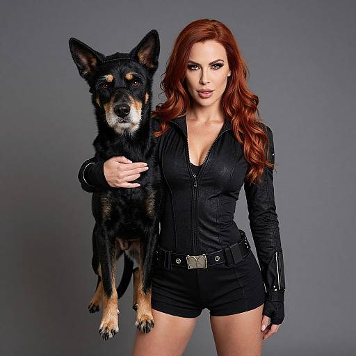 Photograph of a red-haired woman in a black, zip-up, leather outfit holding a black and tan German Shepherd dog against a grey background.