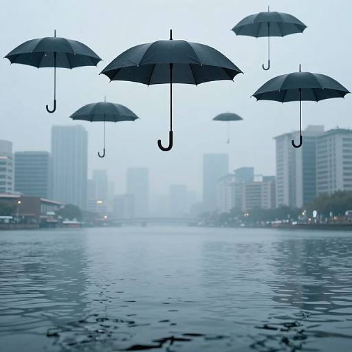 Photograph of five black umbrellas floating above a misty, reflective urban lake, with blurred high-rise buildings in the background.