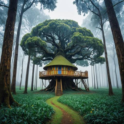 Whimsical Treehouse in Misty Forest