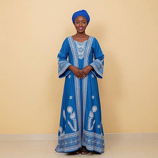 Photograph of a smiling Black woman in a vibrant blue, long-sleeved, embroidered dress and matching headwrap, standing against a pale yellow wall