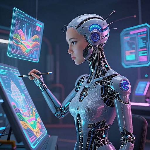 Cybernetic woman with glowing blue accents and futuristic headgear, painting vibrant digital art on illuminated screens in a high-tech laboratory.