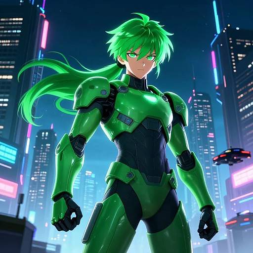 Confident Green Anime Hero in Cyberpunk City