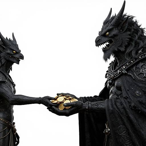 Digital art of two dark, menacing, wolf-like creatures with sharp teeth, exchanging gold coins against a plain white background.