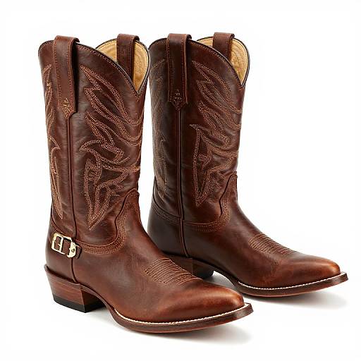 Photograph of brown leather cowboy boots with intricate silver embroidery, gold buckle, and wooden heel, standing side by side.