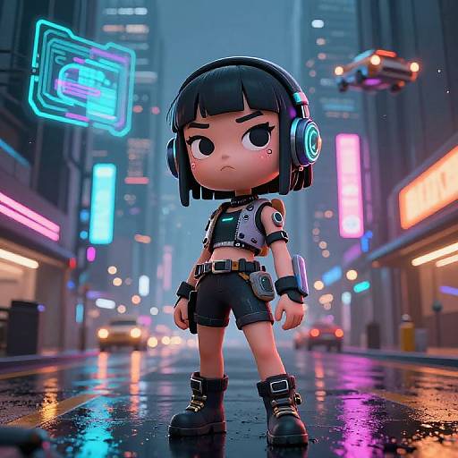 Chibi-style digital art: tough girl with black bob, headphones, cyberpunk outfit, standing in neon-lit, rainy city street, futuristic drones