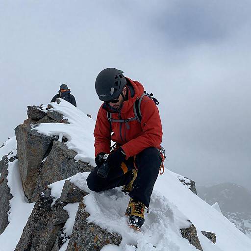 Mountain Climber with Camera on Snowy Peak
