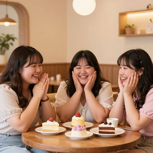 Three smiling Asian women with long black hair, dressed in white and pink shirts, cheerfully clapping at a wooden table with desserts and tea in a