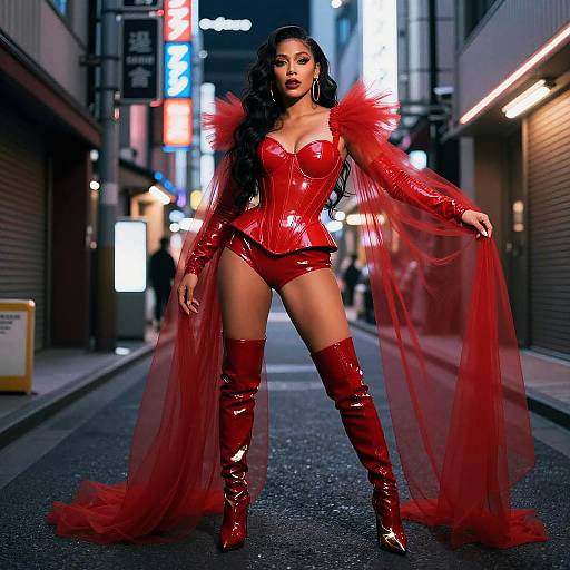 Doja Cat-Inspired Oxblood Neon Ensemble