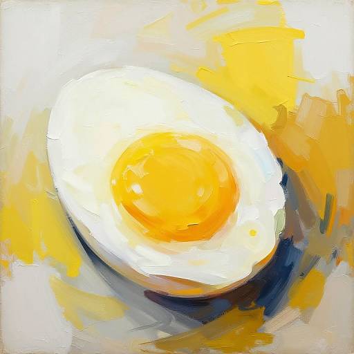 Abstract painting of a sunny-side-up egg with vibrant yellow yolk, white albumen, and bold yellow and black brushstrokes.
