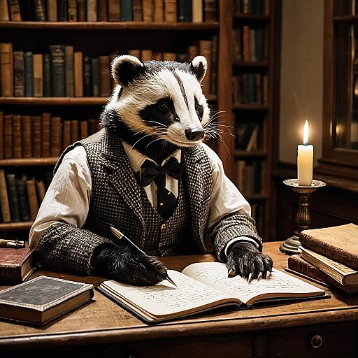Whimsical Badger Writer in Cozy Study