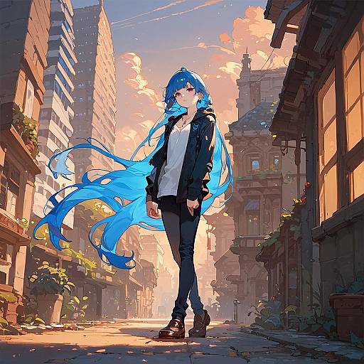 Anime Girl Waiting by Building at Sunset