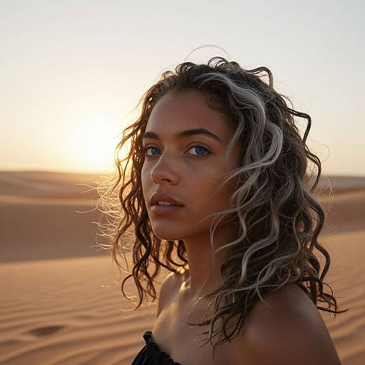 Photograph of a young woman with wavy, blonde and brown-highlighted hair, looking into the camera at sunset in a desert. She wears a