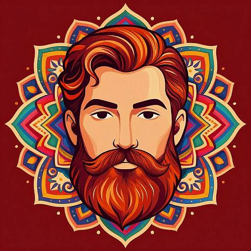 Digital illustration of a bearded man with a red-orange mane, centered in a vibrant, colorful mandala pattern on a deep red background.