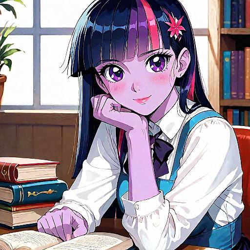 Anime Girl Reading in Library