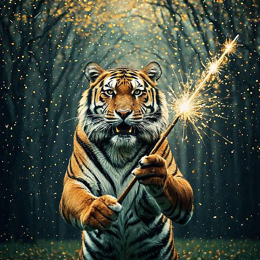 Tiger Holding Magic Wand with Sparkles