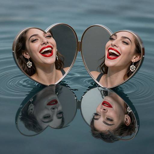 Photograph of a woman's smiling face reflected in two heart-shaped mirrors, floating on calm blue water with ripples, wearing red lipstick and flower earrings
