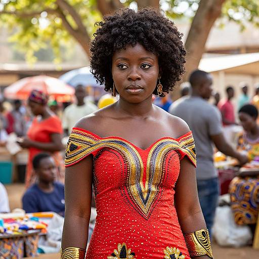 Photograph of a confident Black woman with natural curly hair, wearing a red, off-shoulder dress with gold and black patterns, standing in a