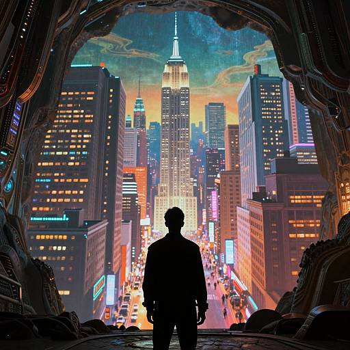 Digital artwork of a silhouetted figure standing in a futuristic tunnel, gazing at a neon-lit, sunset cityscape with the Empire State