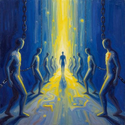 Digital painting: Silhouetted figures with chains, walking towards a bright yellow light in a blue, abstract, chained environment.