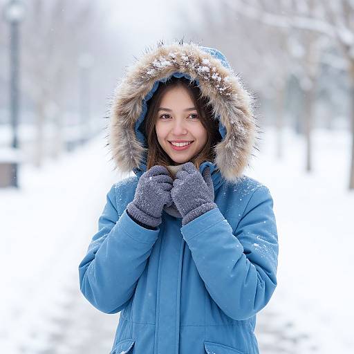 Photograph of a smiling young woman in a blue winter coat with fur-trimmed hood, gray gloves, standing in snowy landscape.