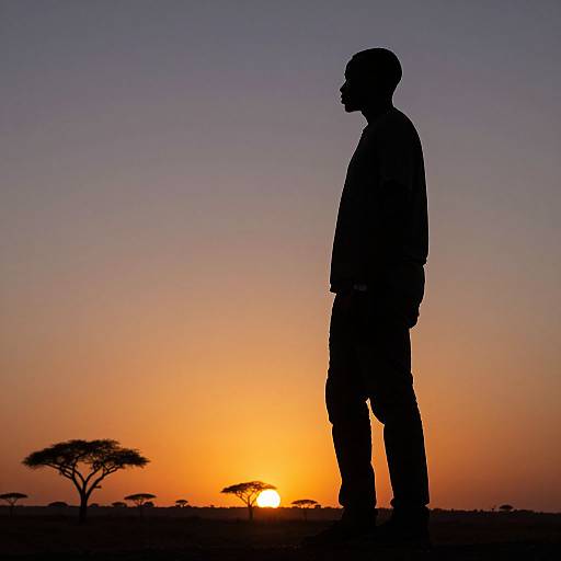 Silhouetted man standing in profile against a vibrant sunset, with a tree on the left and the sun near the horizon.