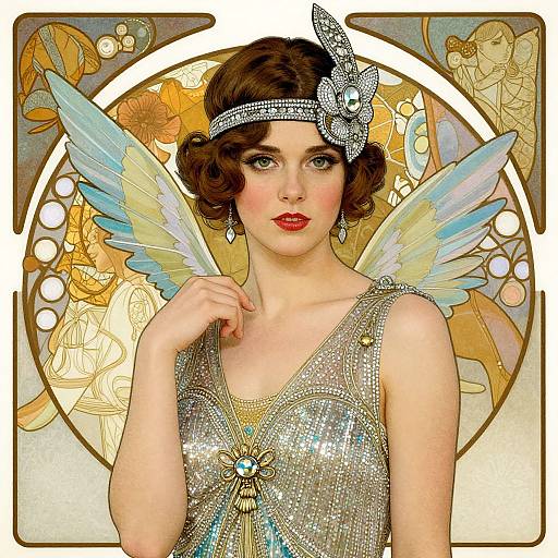 Art Deco-style illustration of a fair-skinned, red-lipped woman with short brown hair, sparkling silver dress, blue wings, and diamond head