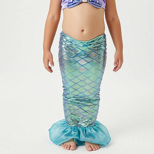 Photograph of a child wearing a blue and green sequined mermaid tail, purple shell top, and blue ruffled fin, standing against a white