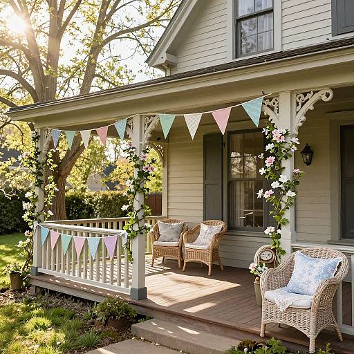 Photograph of a sunlit, vintage-style porch with pastel bunting, wicker chairs, floral garlands, and a white-railed balcony