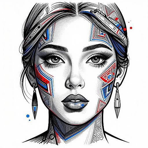 Digital illustration of a serious-faced woman with bold, geometric face paint in red, blue, and black on a white background.