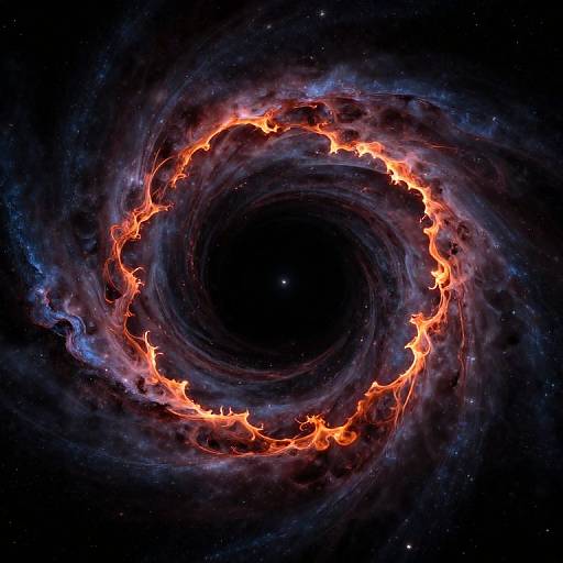 Photograph of a fiery, swirling black hole with bright orange flames encircling a dark center in a starry, cosmic background.
