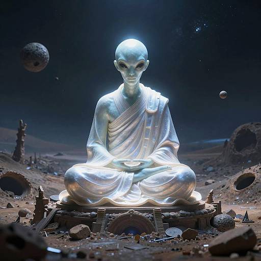 Luminous Alien Monk Meditating in Ruins