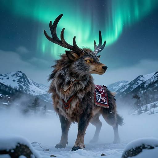 Digital art: Majestic reindeer with large antlers stands in snowy landscape, adorned with red patterned scarf, under vivid green aurora borealis