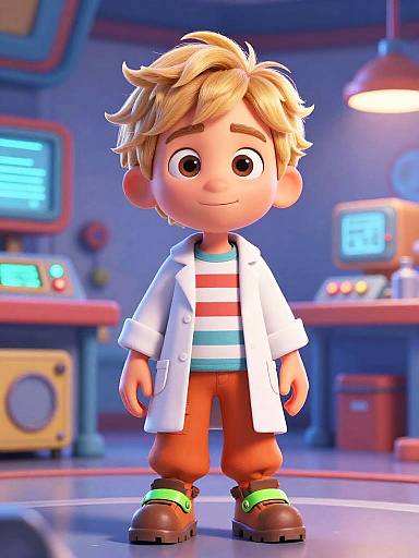 CGI 3D cartoon boy with blonde hair, wearing white lab coat, red-striped shirt, orange pants, green shoes, in futuristic lab.
