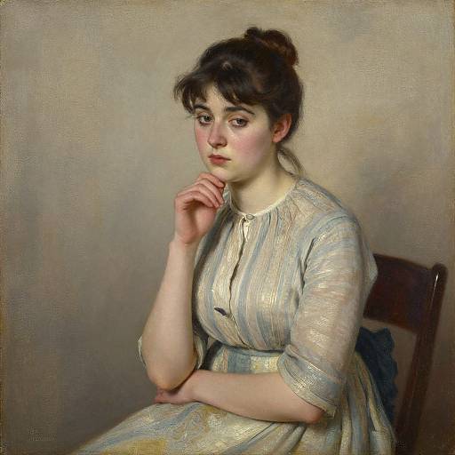 Photorealistic oil painting of a young woman with fair skin, dark hair in a bun, wearing a striped, long-sleeved dress, seated