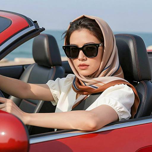 Stylish Woman in Convertible by the Sea