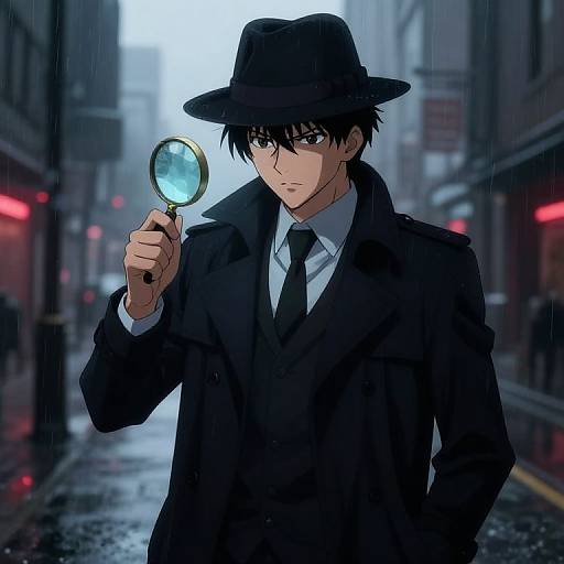 Anime-style digital drawing of a serious, black-hatted man in a rain-soaked street, holding a magnifying glass, wearing a black suit and