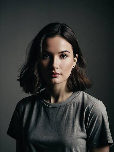 Portrait of Young Woman in Grey T-shirt