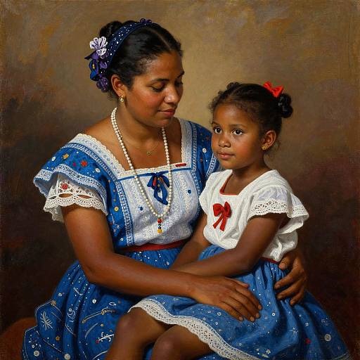 Photorealistic painting of a dark-skinned mother in a blue dress with white lace, pearl necklace, and daughter in white dress with red bow,