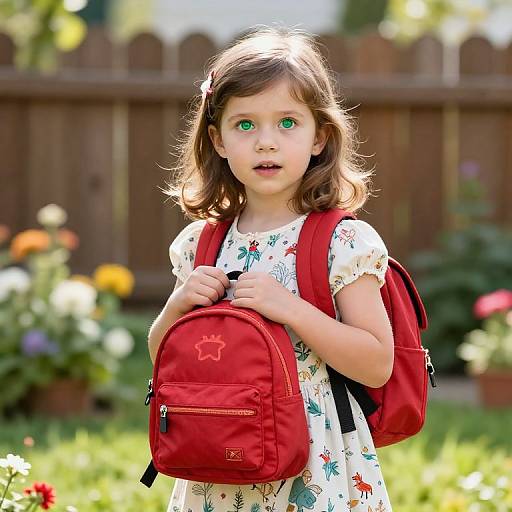 Photograph of a young girl with green eyes, wearing a white floral dress and red backpack, standing in a sunlit garden.