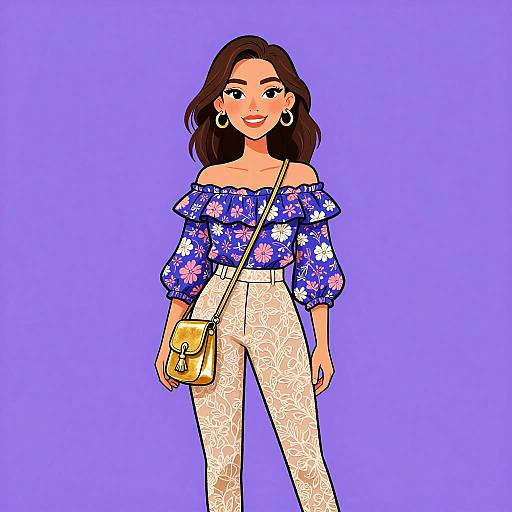 Digital illustration of a smiling woman with medium brown hair, wearing an off-shoulder blue floral top, white patterned pants, gold crossbody bag