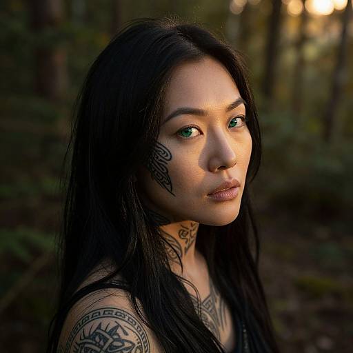 Photograph of a tattooed woman with long black hair, green eyes, nose ring, and intricate tattoos, standing in a forest at sunset.