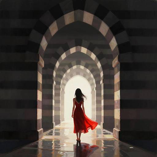 Silhouetted woman in flowing red dress walks through dark, striped archway towards bright, glowing light, creating dramatic, ethereal contrast.